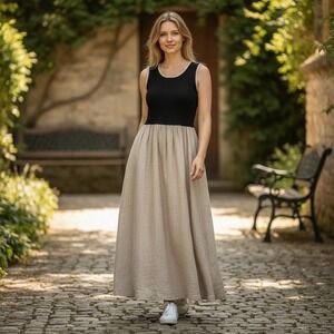 VTG Barbara Lesser Womens Black Knit Linen Flax Blend Maxi Dress Size L Made USA